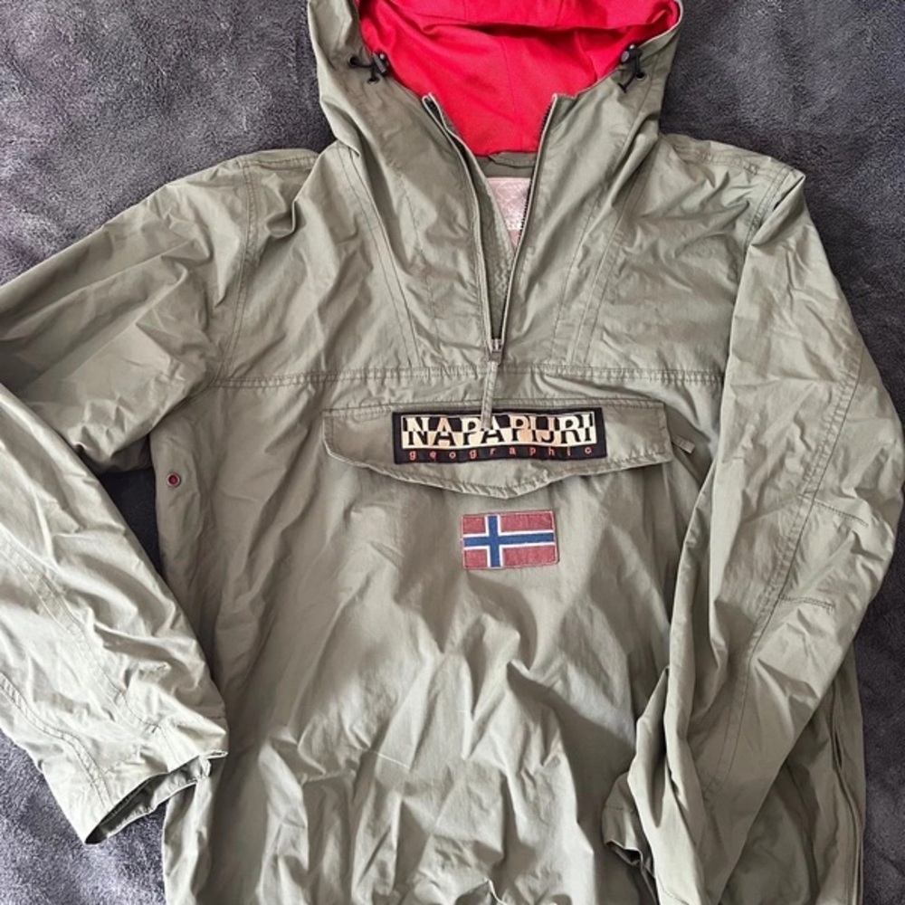 Napapijri Men's Olive Windbreaker with Red Hood